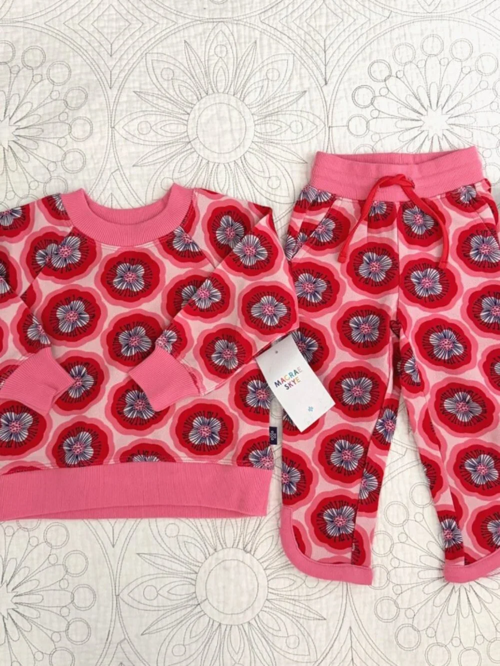 MACRAE SKYE Floral French Terry Set sz. 2 Red Poppy Print Sweatshirt & Joggers
